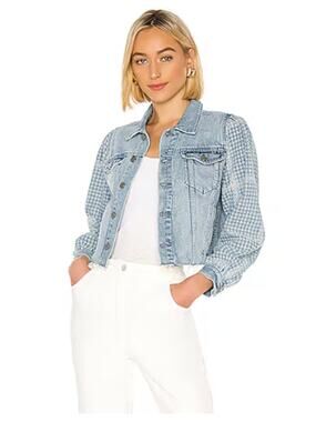 GRLFRND Etta Denim Jacket In Paparazzi Womans M Jacquard Weave Cropped Raw Hem